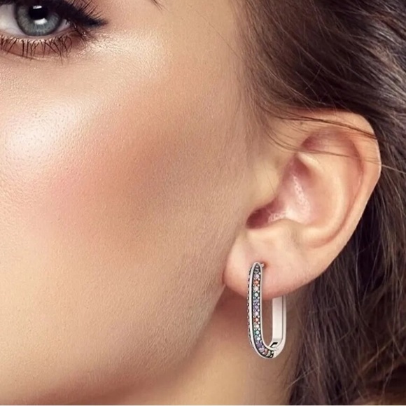 NWOT Sterling Silver multicolor pave rectangular hoop earrings - Picture 3 of 6